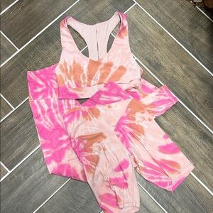 American Eagle Outfitters Pink and Orange Tie-Dye Leggings, Shorts & Bra set
